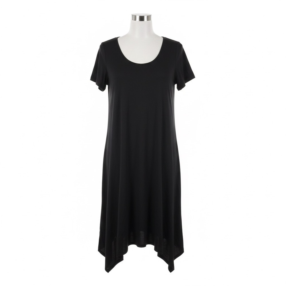 Cuddl Duds Black Flexwear Short Sleeve Sharkbite Hem Dress L Petite Cutout Back‎